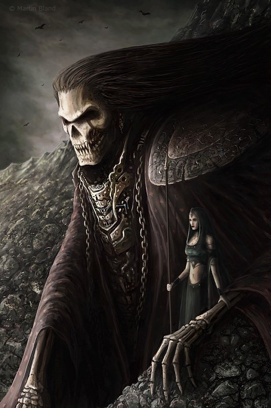 A dark, ominous figure with a skeletal face and flowing hair looms over a rocky landscape, while a smaller, cloaked figure stands nearby, enhancing the eerie atmosphere.