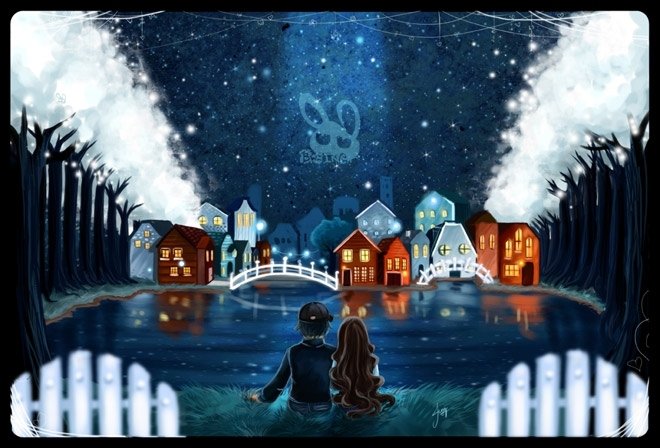 A serene, artistic scene shows a couple sitting by a lake, watching a starry sky above a charming village. The atmosphere is filled with love and tranquil beauty.