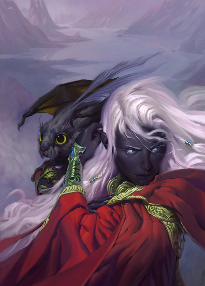 An elegant elf with striking white hair, adorned in a red cloak, gazes thoughtfully while holding a small, winged creature. The mystical landscape enhances the fantasy atmosphere.