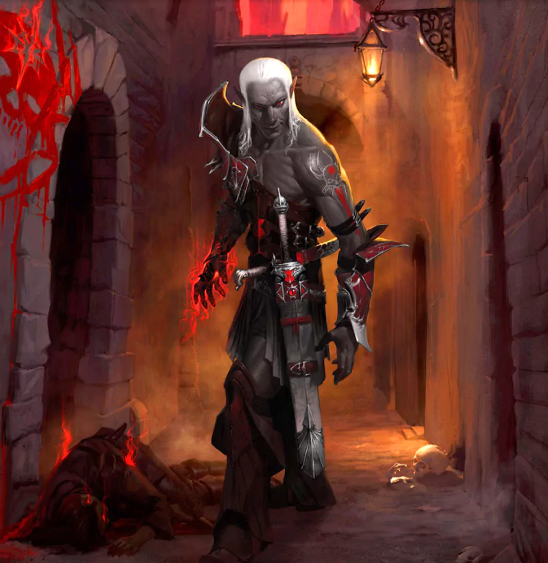 A drow warrior strides confidently through a dimly lit alley, adorned in dark armor and wielding weapons, with ominous shadows and hints of blood decorating the stone walls.