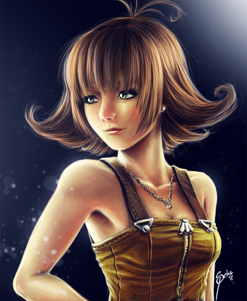 Portrait of a woman with short brown hair and green eyes, wearing a brown corset-style top and layered necklaces against a dark, softly lit background.