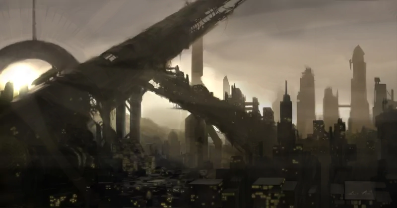 Sci-fi city skyline with towering spires, shattered elevated highways and dense blocks cloaked in hazy, sepia light.