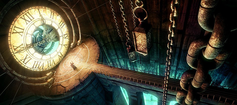 A fantasy-themed clock tower interior with glowing gears, hanging chains, and intricate machinery emphasizing the concept of time.