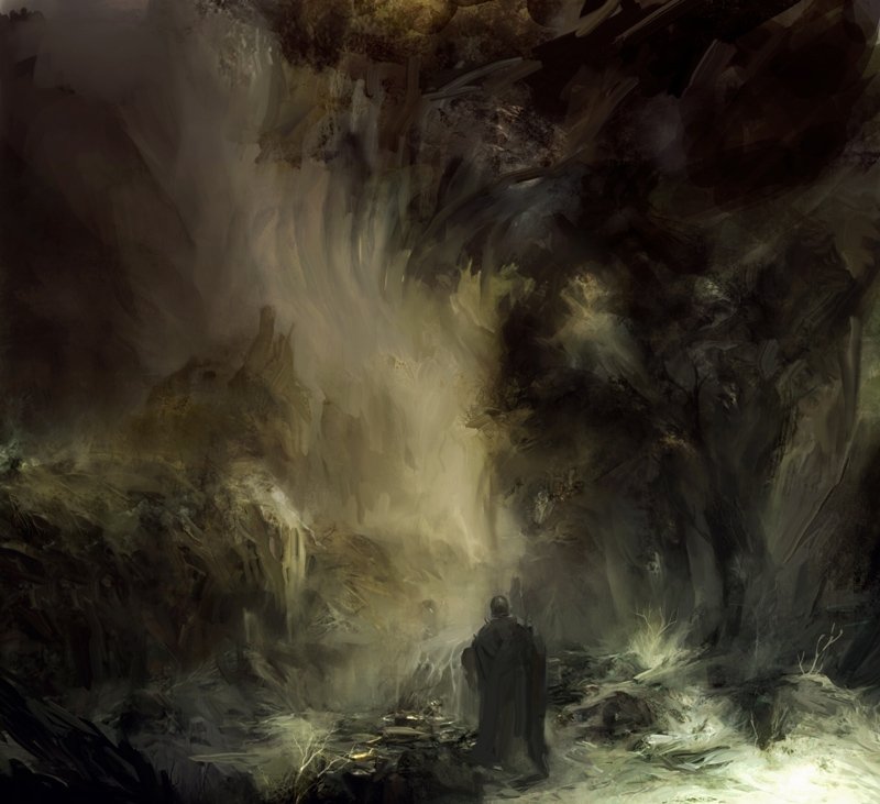 A dark, mysterious warrior stands alone in a shadowy, chaotic landscape engulfed by swirling mist and shadows.
