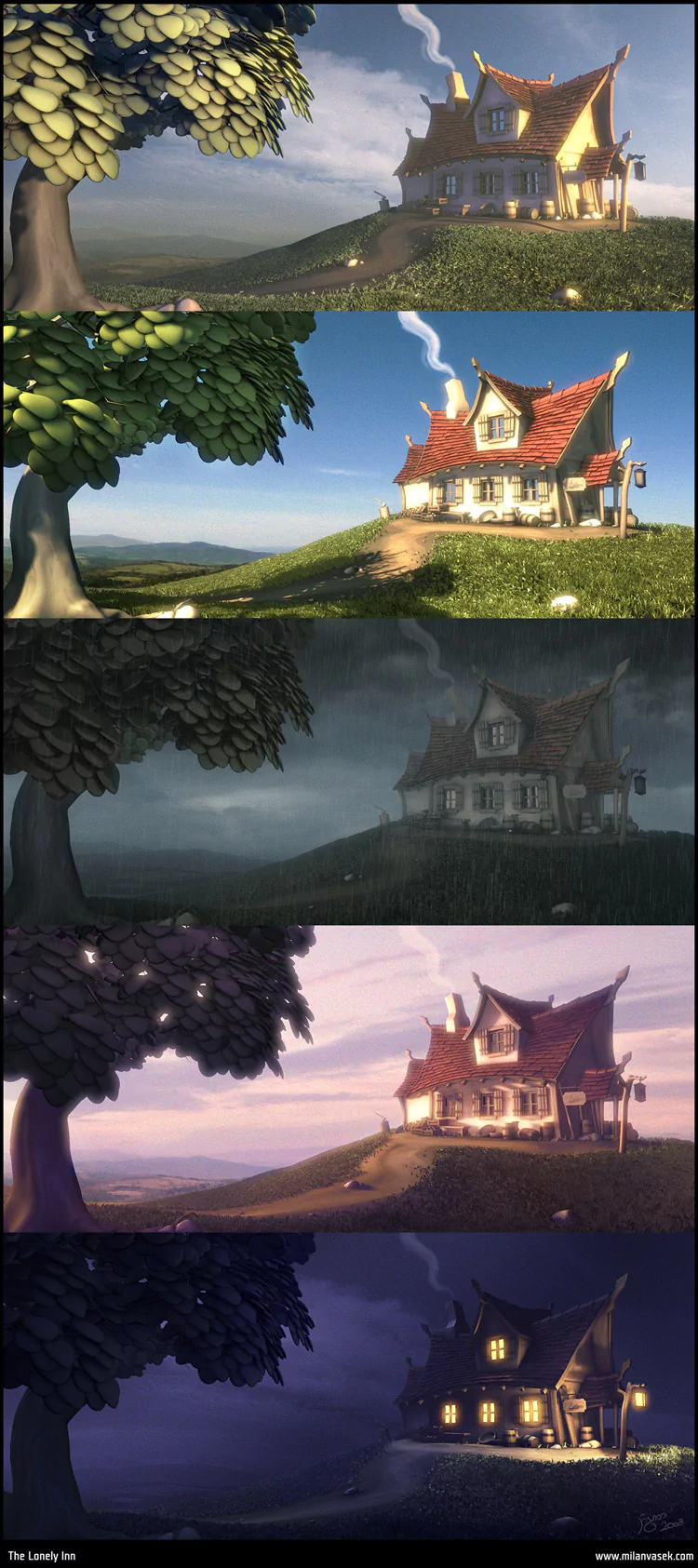 A whimsical, man-made house is depicted across four scenes, showcasing transitions from daylight to nighttime, each highlighting its charm in different light settings.