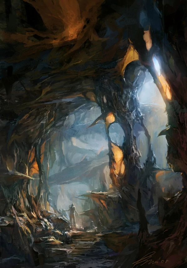 Sci-fi cave with towering organic pillars and glowing blue and amber bioluminescent lights; a lone silhouetted figure walks a rocky path through mist.