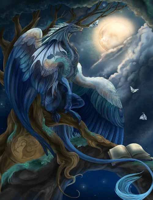 A majestic fantasy animal resembling a dragon with wings perches on a tree branch under a luminous full moon, surrounded by butterflies and an open book.
