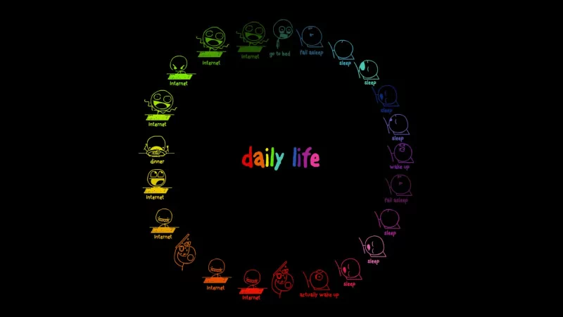 A colorful circular arrangement of technology and internet icons surrounding the phrase daily life on a black background.