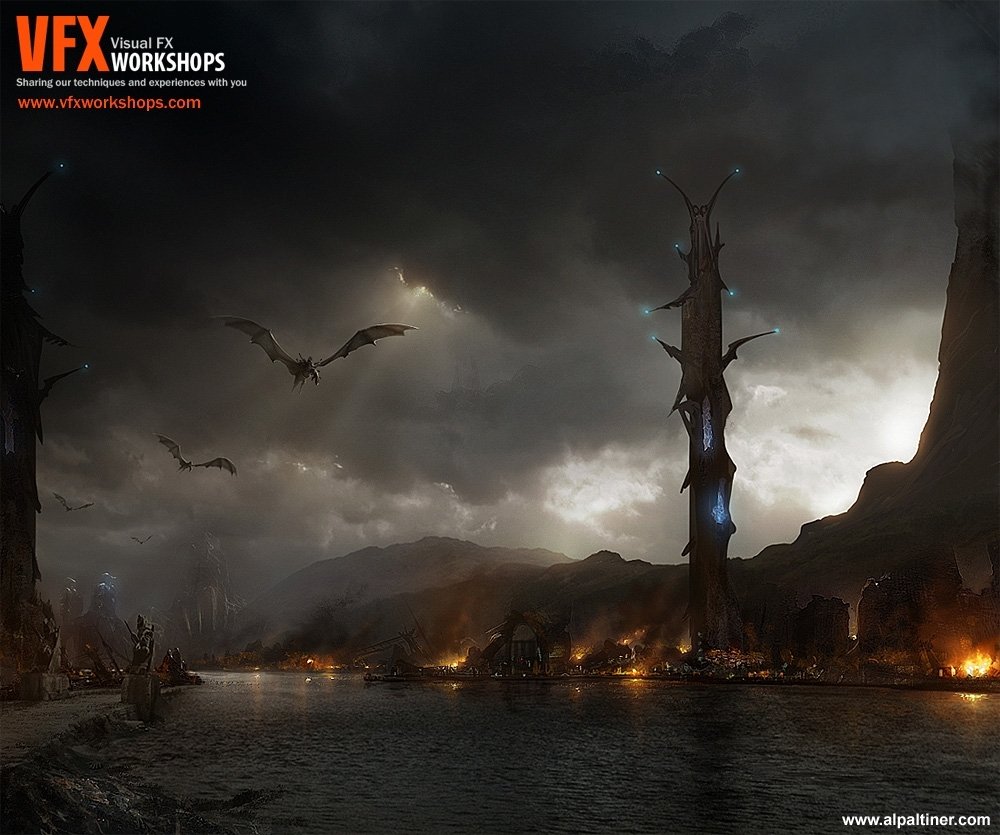 Stormy fantasy riverscape with towering spires, winged creatures, shoreline fires and glowing blue tech nodes on the structures — technology, products.