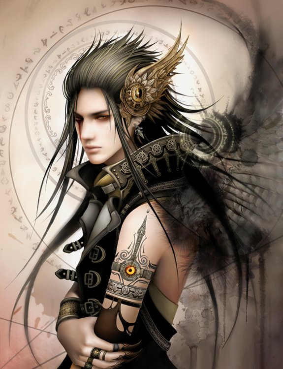 A fantasy-themed character with striking features, adorned with ornate jewelry and a winged headpiece, stands against a mystical oriental backdrop filled with swirling patterns.