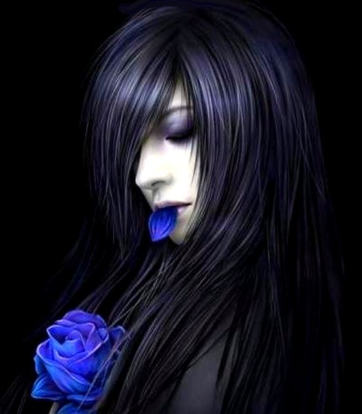 A fantasy-inspired figure with long, flowing black hair holds a deep blue rose, their blue tongue contrasting against pale skin, evoking an enchanting oriental aesthetic.