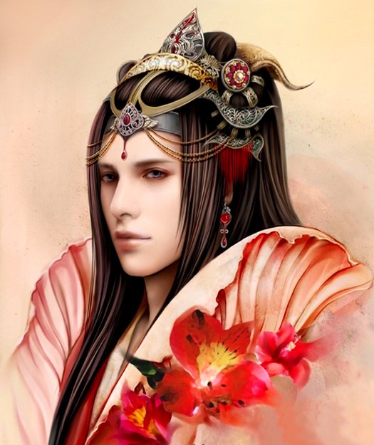 A regal figure with long, dark hair, adorned in ornate oriental attire, holds vibrant flowers against a soft, fantasy-inspired background.