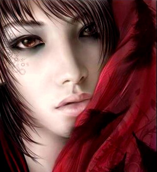A captivating portrait of a young person with striking features, adorned with an elaborate red shawl, set against a fantasy, oriental-inspired backdrop.