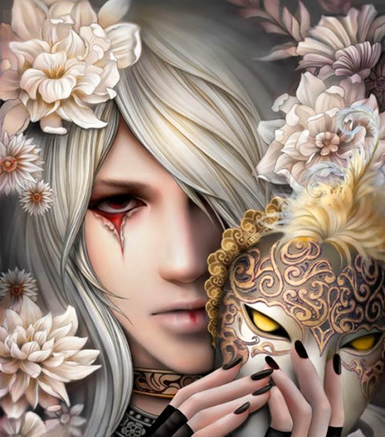A fantasy-themed portrait features a figure with long, silver hair and striking makeup, holding an ornate mask amid a backdrop of delicate flowers, embodying an oriental essence.