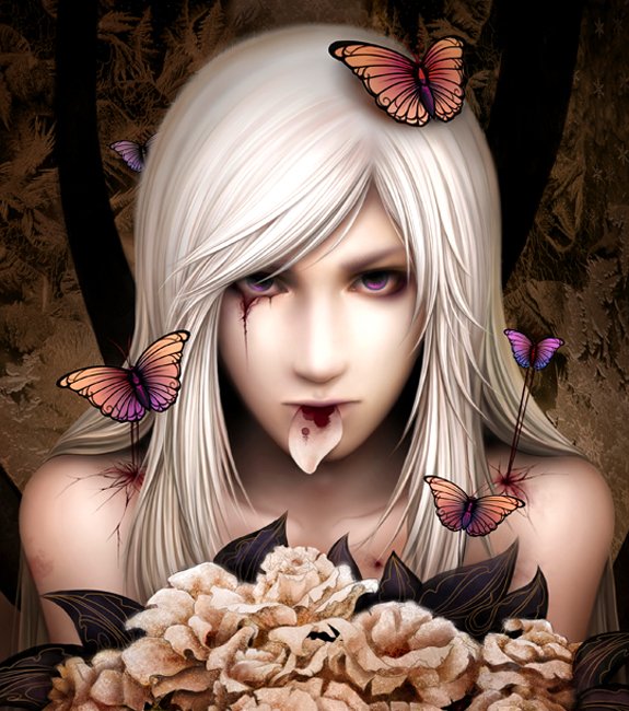 A mysterious figure with long white hair and striking violet eyes stares intensely, surrounded by butterflies and dark flowers, embodying an enchanting oriental fantasy.