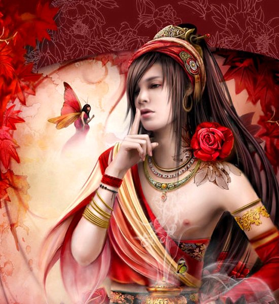 A serene figure in vibrant oriental attire adorned with a rose, surrounded by delicate butterfly motifs and autumn leaves, embodies a fantasy world rich in color and detail.