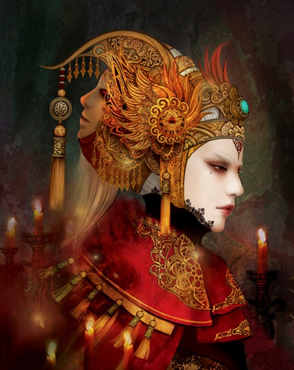 A striking fantasy image featuring two figures adorned in ornate, intricate costumes, showcases elegant elements with an oriental influence, illuminated by flickering candlelight.