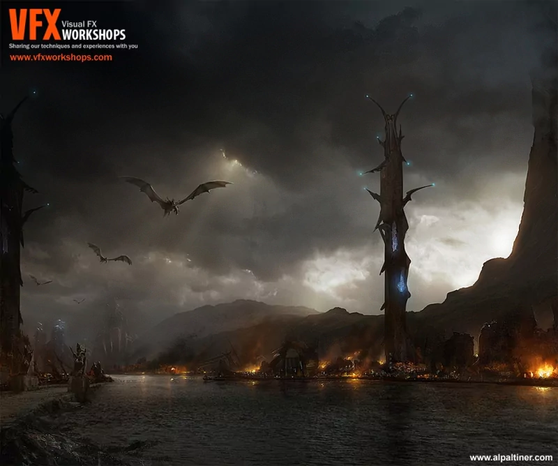 Stormy fantasy riverscape with towering spires, winged creatures, shoreline fires and glowing blue tech nodes on the structures — technology, products.