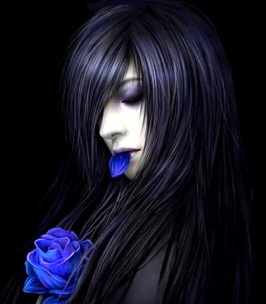 A fantasy-inspired figure with long, flowing black hair holds a deep blue rose, their blue tongue contrasting against pale skin, evoking an enchanting oriental aesthetic.