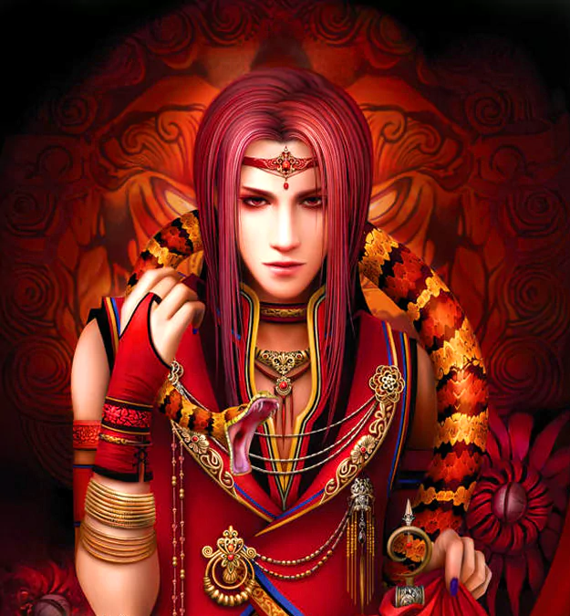 A striking figure in vibrant red attire, adorned with intricate jewelry and surrounded by fantasy elements, exudes an oriental mystique against a rich, patterned backdrop.