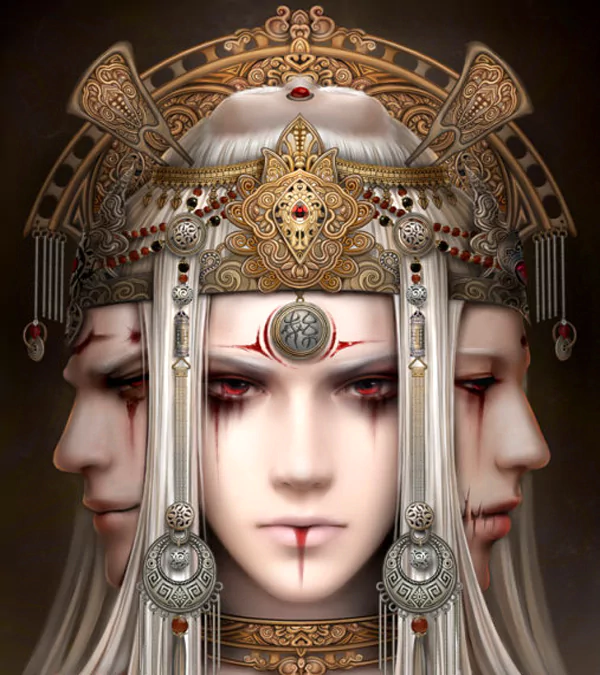 A captivating fantasy artwork featuring a central figure with intricate oriental headdress, flanked by two additional faces, exuding an ethereal and mystical quality.
