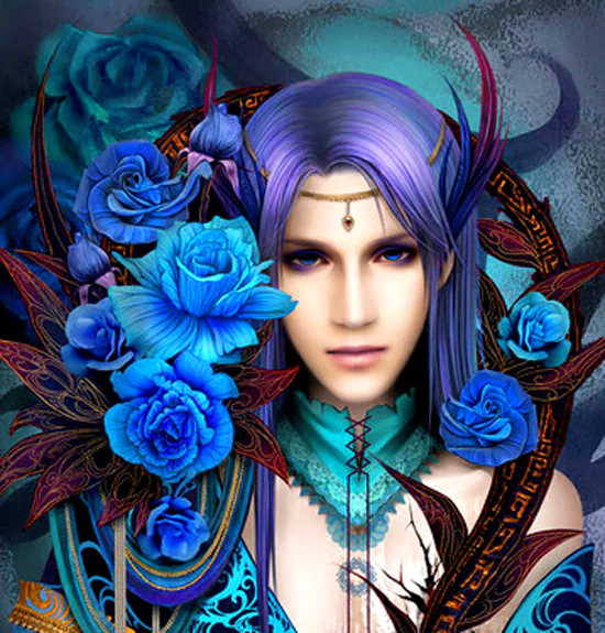 A fantasy portrait of an oriental character with long purple hair, adorned with blue roses and intricate patterns in a mystical, ethereal setting.