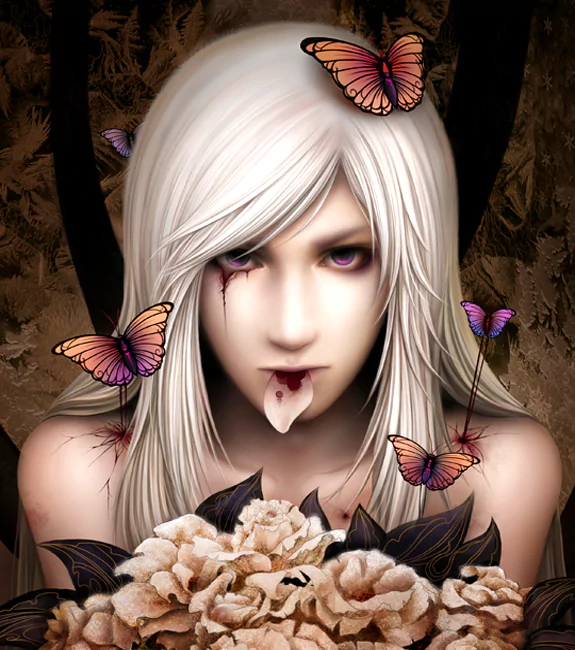 A mysterious figure with long white hair and striking violet eyes stares intensely, surrounded by butterflies and dark flowers, embodying an enchanting oriental fantasy.
