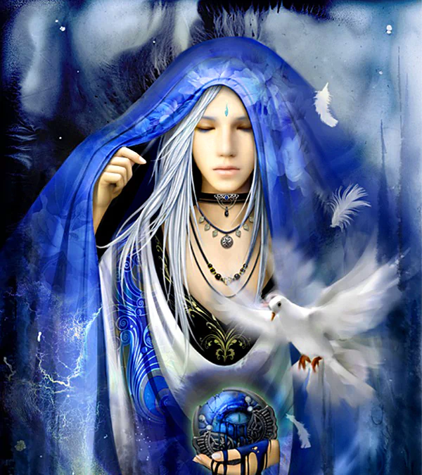 A serene figure draped in blue with flowing hair, adorned with jewelry, holds a crystal orb as a white dove flies nearby, evoking a mystical and oriental fantasy atmosphere.