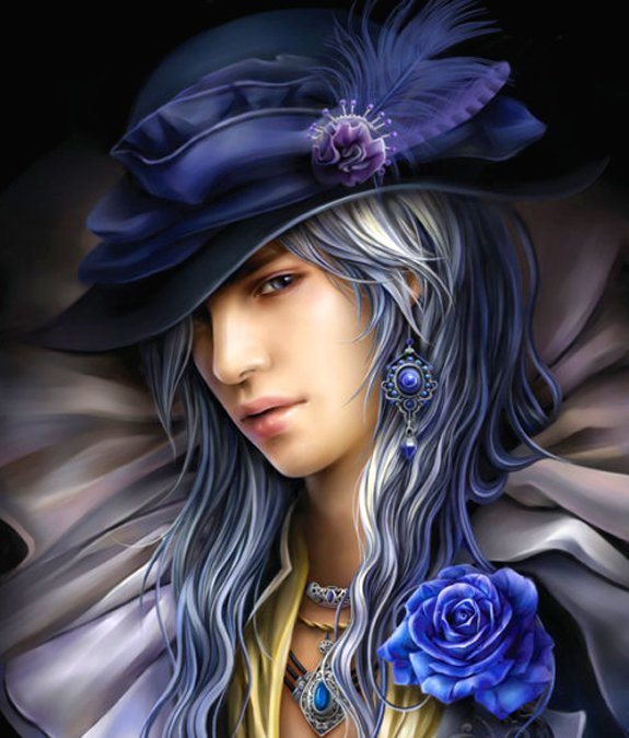 A fantasy-themed portrait of a young man with long, flowing silver hair, wearing an ornate hat adorned with feathers and a blue rose, evoking an oriental aesthetic.