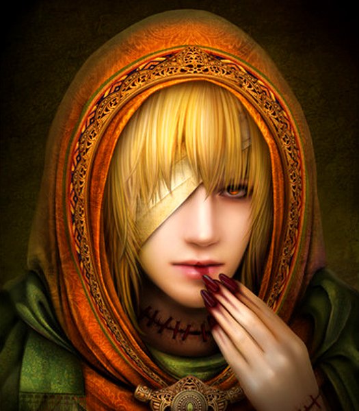 Fantasy portrait of a blond figure with an eye patch, wearing an ornate oriental-style hooded cloak and long dark nails, set against a dark background.