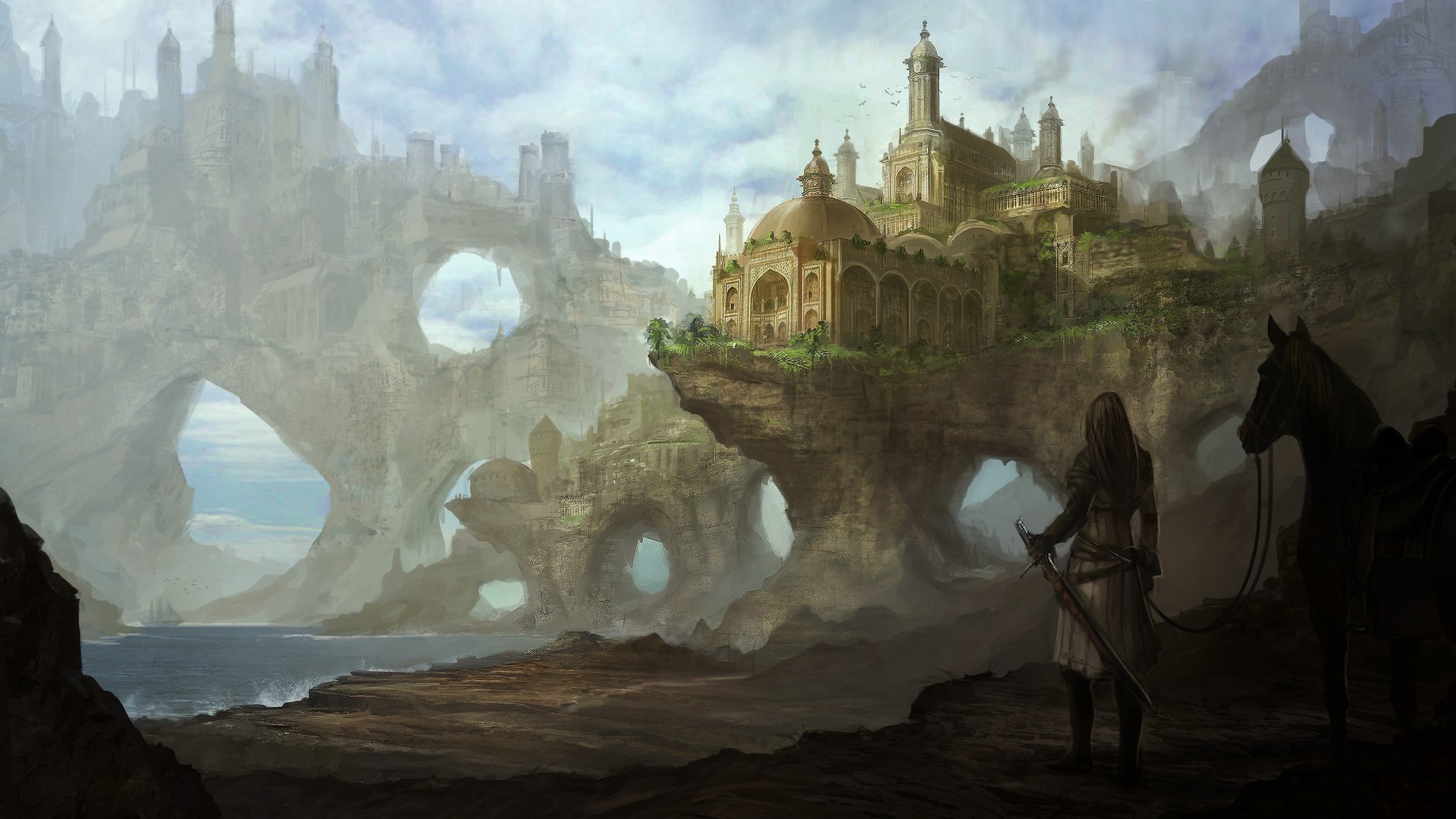A lone traveler and horse survey a mist-shrouded fantasy city—cliffside temples and massive stone arches rising above a rocky shoreline.