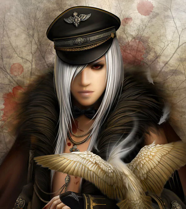 A fantasy-inspired character with long white hair wears an ornate military cap and a fur cloak, accompanied by a regal owl, against a backdrop of faded leaves.