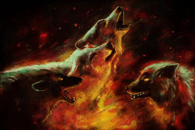 A striking artwork of four wolves howling against a fiery backdrop, capturing their fierce spirit and wild nature in vibrant colors and dynamic expressions.