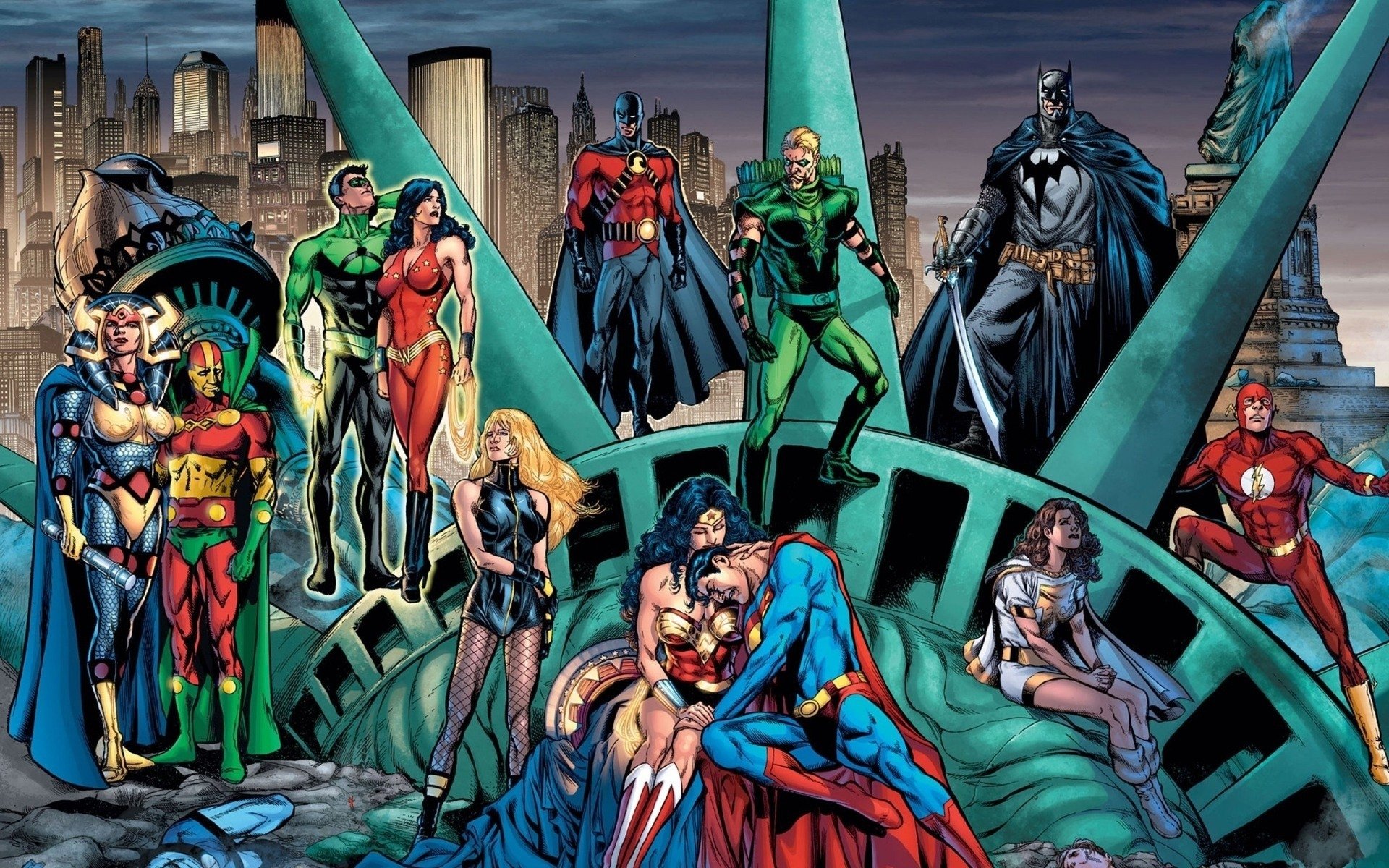 DC Comics heroes on Statue of Liberty ruins: Superman cradling Wonder Woman, with Batman, Flash (Wally West), Green Lantern (Kyle Rayner), Red Robin (Tim Drake), Black Canary, Mary Bromfield.
