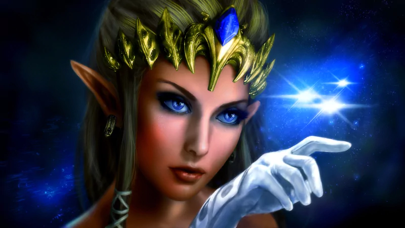 Close-up of Princess Zelda from the video game The Legend of Zelda: Twilight Princess, wearing a golden crown with blue gems and a white glove, with glowing magical effects.