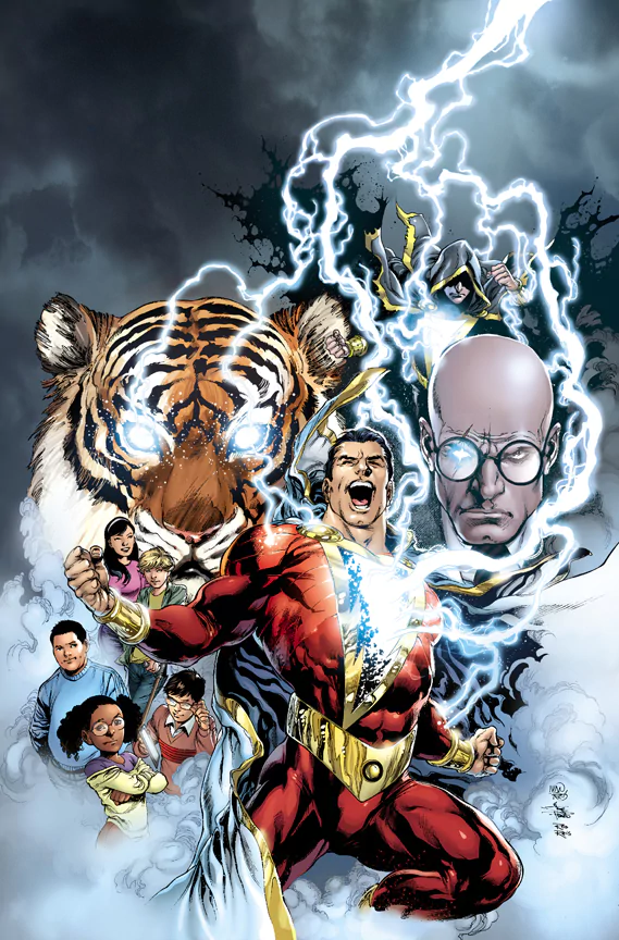 Shazam and the Justice League members Billy Batson, Pedro Peña, Tawky Tawny, Mary Bromfield, Darla Dudley, Eugene Choi, Freddy Freeman, and Black Adam are depicted with lightning and stormy skies.