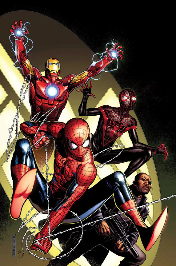 Miles Morales Peter Parker Nick Fury spider man Iron Man Comic spider-men Image