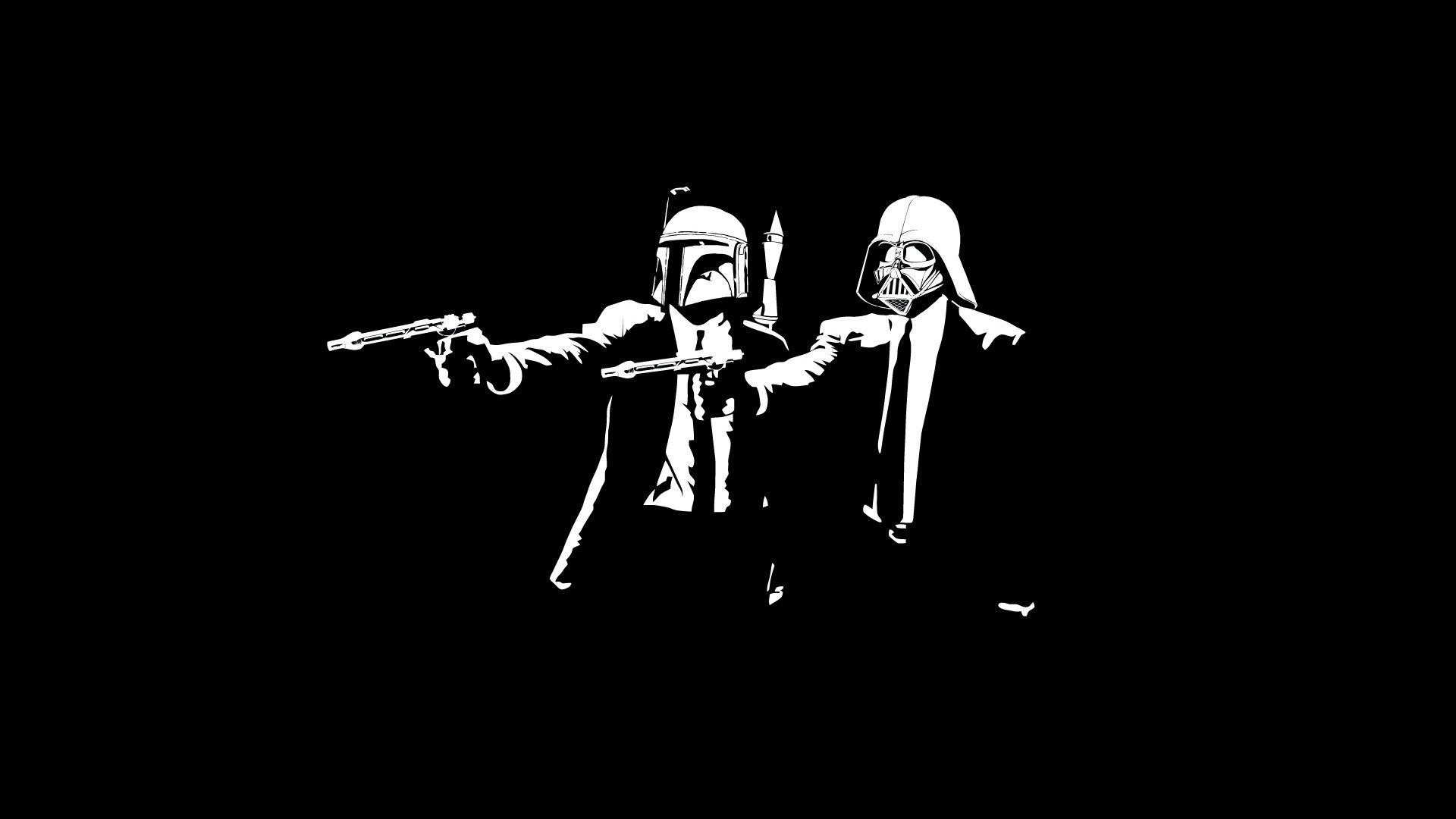 Silhouettes of Star Wars characters Boba Fett and Darth Vader dressed in suits, holding blasters in a sci-fi themed mashup.