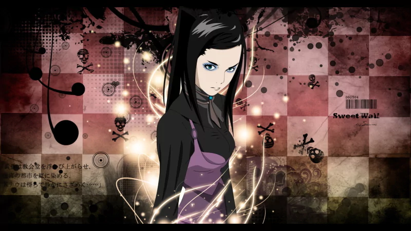 Anime-style artwork of a dark-haired female character with blue eyes from Ergo Proxy, set against a textured background featuring skulls and abstract patterns.
