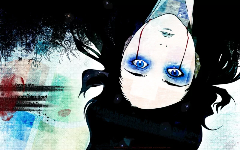 Anime-style artwork from Ergo Proxy features a pale, upside-down face with striking blue eyes and dark flowing hair against an abstract, textured background.