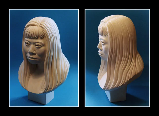 Two-panel view of a carved beige bust of a woman's face with long hair and blunt bangs, shown front and profile against a blue background.