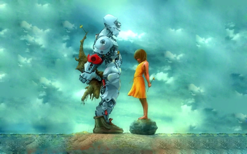 A robot and a girl share a moment of connection, embodying an artistic representation of love against a dreamy, ethereal backdrop.