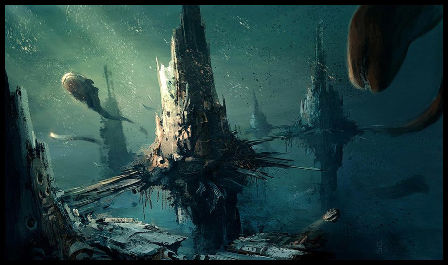 Sci-fi spaceport of jagged, spire-like docking towers rising from a dark, misty sea, linked by bridges with hovering craft and drifting alien tendrils.