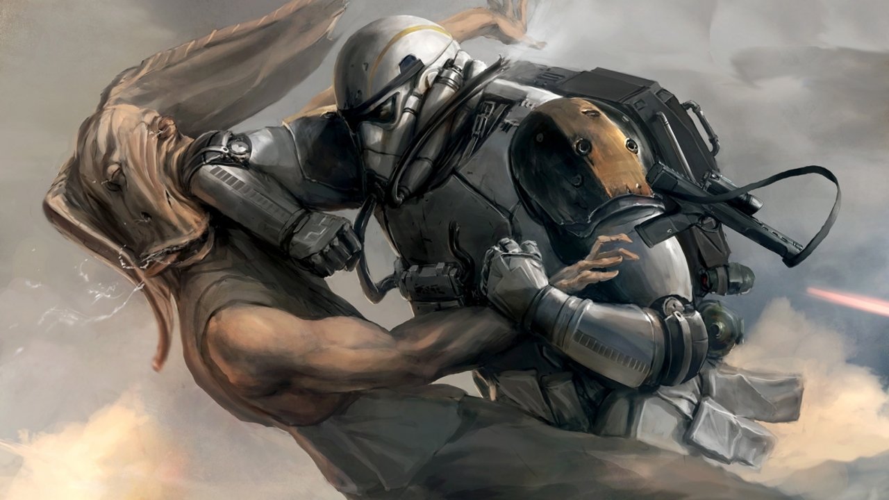 Sci-fi scene: armored futuristic soldier grapples with a muscular alien humanoid amid swirling dust, smoke and lash of laser fire.