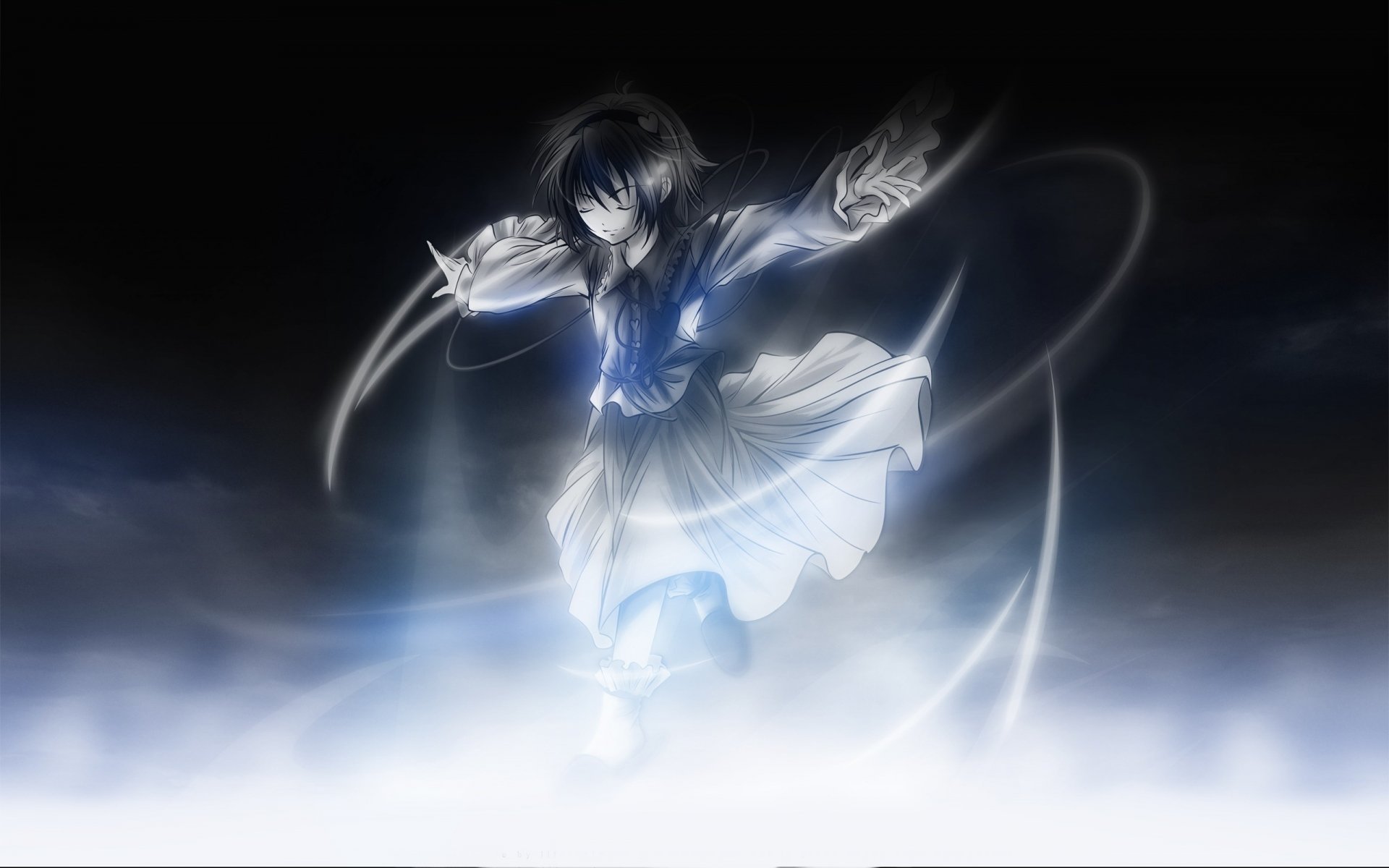 Satori Komeiji from Touhou anime, depicted with glowing energy swirling around her as she stands above misty clouds in a dark, ethereal setting.