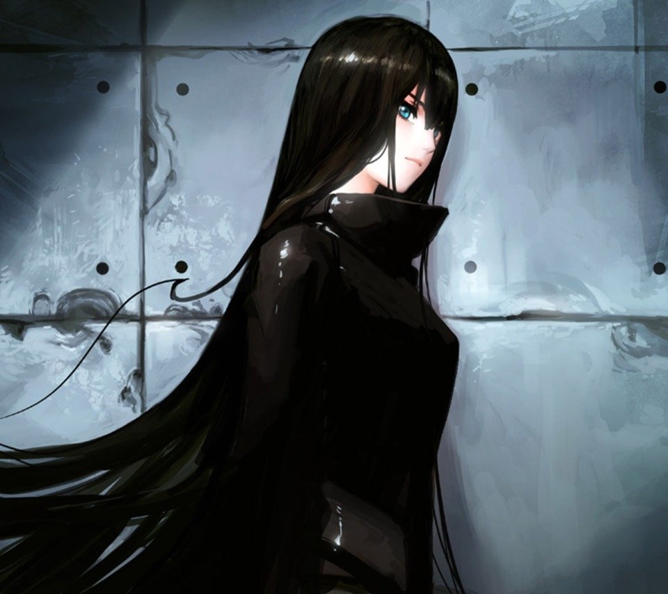 Dark anime girl with long black hair and piercing blue eyes stands against a grey, industrial background, exuding a mysterious and intense aura.