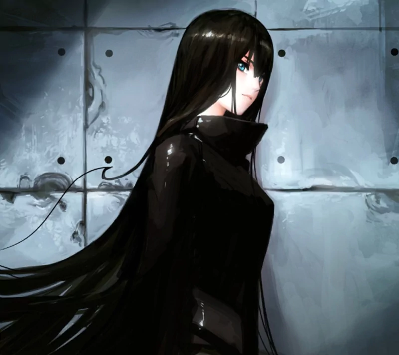 Dark anime girl with long black hair and piercing blue eyes stands against a grey, industrial background, exuding a mysterious and intense aura.