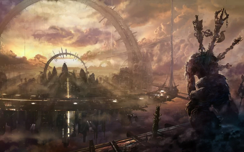 Epic concept art from the video game Asura's Wrath: a lone armored, chained deity-like warrior overlooks a sprawling, ringed celestial city bathed in golden light.