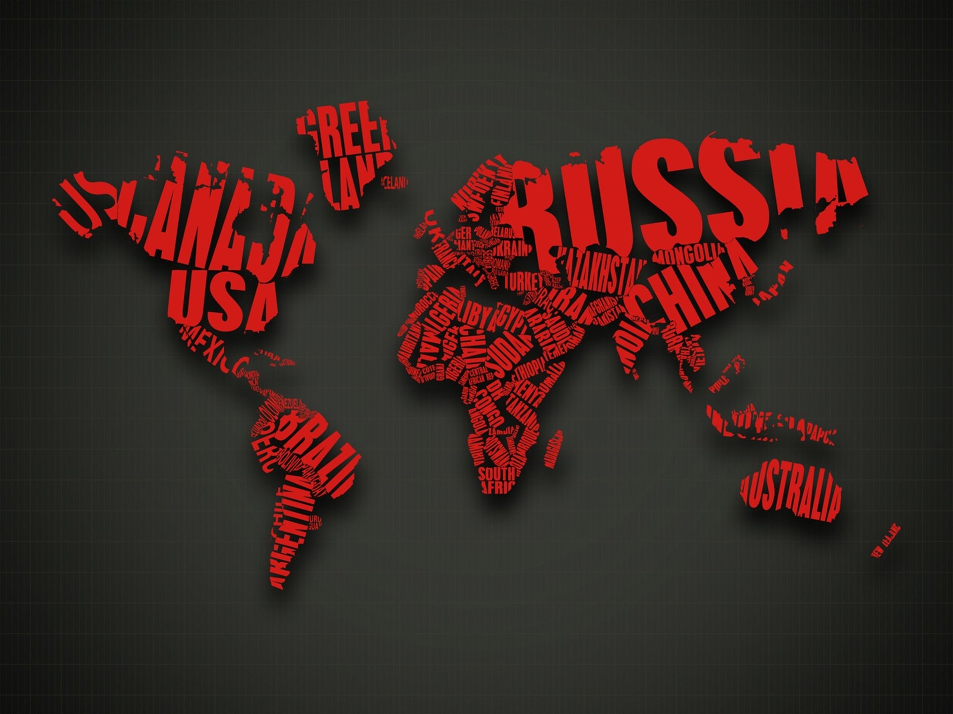 Stylized political world map rendered in red typography on a dark background, country names and labels forming the continents and islands.