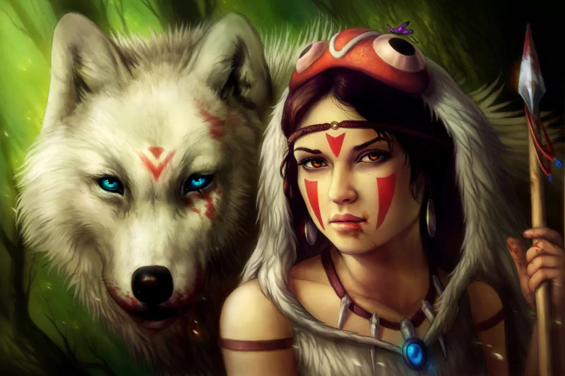 A close-up of a young woman from the anime Princess Mononoke, featuring her with tribal markings and a wolf companion, set against a lush, green background.